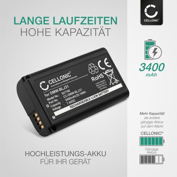 CELLONIC Akku-Set Für Panasonic Lumix DC-S1R/S1/S1H – 2x 3400mAh, 7,4V + Dual-Ladegerät