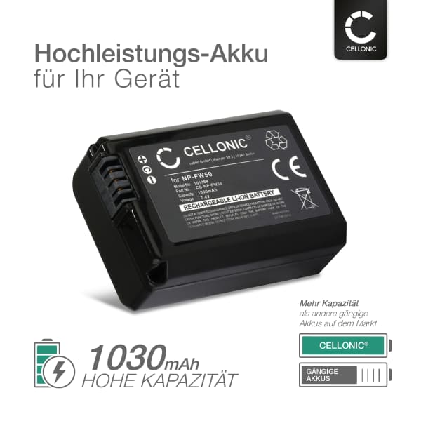 Vhbw Ersatzakku Für Sony Alpha A6300, A6400, A7R II – 950mAh, 7,2V Mit Infochip (kompatibel Mit NP-FW50)