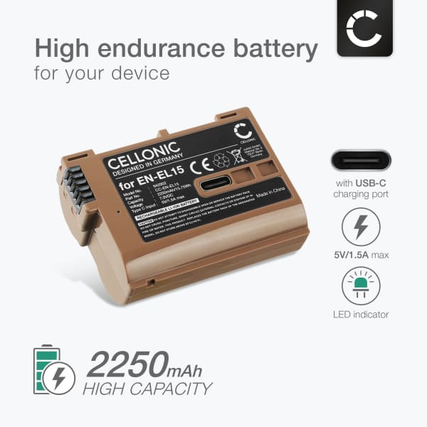 Battery with Type-C input  for Nikon D850 D750 D7500 1 V1 D810 D800 D7100 D7000 EN-EL15 2250mAh from CELLONIC