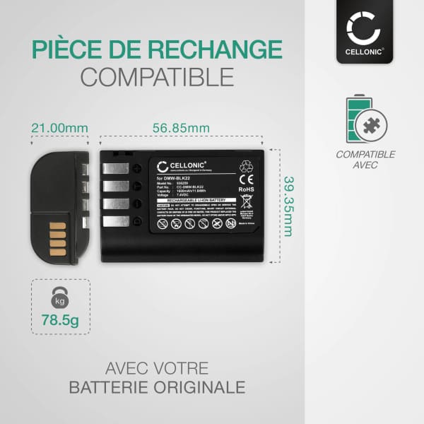 Batterie Rechargeable HOSAN 2200mAh Compatible Panasonic Lumix S5, GH5, G9 - Kit 2 Batteries + Chargeur USB
