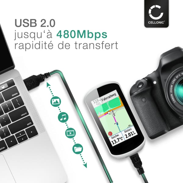 CELLONIC Câble Micro USB Vers USB A 2.0 2A 2m Compatible Avec IGPSPORT IGS50E / IGS20E / IGS620 / IGS618 / IGS130 / IGS20E Navigation GPS Transfert Données Data Charge PVC Gris
