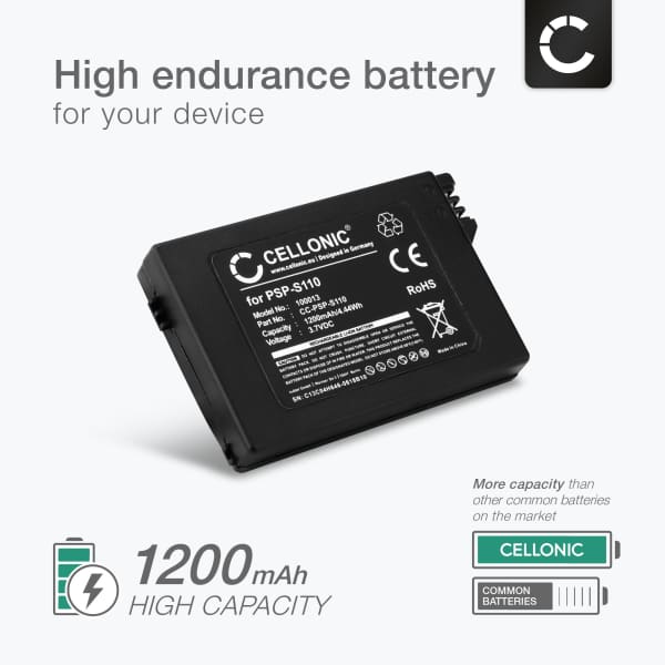 CELLONIC Replacement Battery for Sony PSP Slim & Lite 2 (PSP-2000, PSP-2003, PSP-2004), PSP Slim & Lite 3 (PSP-3001, PSP-3003, PSP-3004) Console 1200mAh PSP-S110 Battery Replacement 