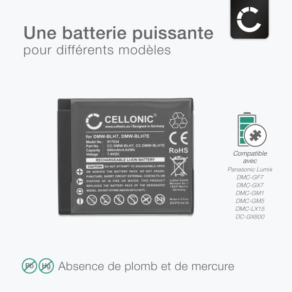 Batterie pour Panasonic Lumix GM1, GM5, DMC LX15, GX800, GF7, GX880, BLH7 600mAh de CELLONIC