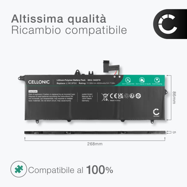 Batteria per portatile Lenovo ThinkPad T14s, ThinkPad T490s ricambio per laptop 4650mAh 11.55V 