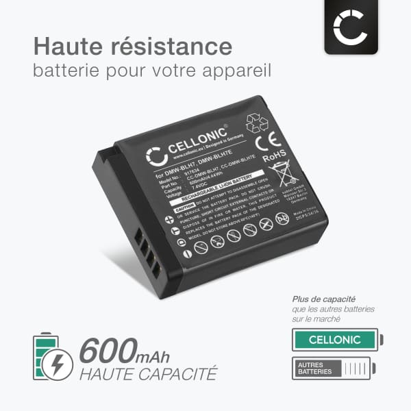 Batterie pour Panasonic Lumix GM1, GM5, DMC LX15, GX800, GF7, GX880, BLH7 600mAh de CELLONIC