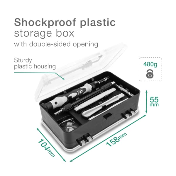 Ruuvimeisselisarja 122 osaa, ruuvimeisseli, irtokärjet ja avaustyökalut - phillips, ura, torx, imukuppi, pinsetit ynm. Tarkkuustyökalut säilytyslaatikossa