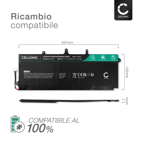 Batteria per portatile HP EliteBook Folio 1040 G1, EliteBook Folio 1040 G2, HP BL06XL, BL06042XL ricambio per laptop 3400mAh 11.1V 