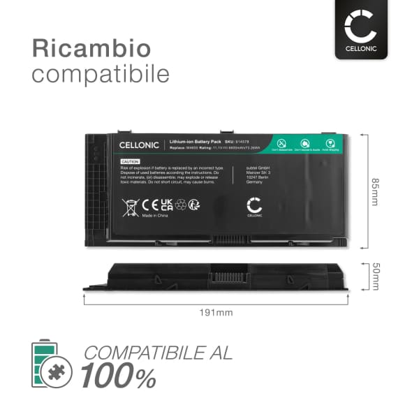 Batteria per portatile Dell Precision M4600 P13F M4700 P21F M6600 P10E M6700 P22F ricambio per laptop 6600mAh 10.8V - 11.1V
