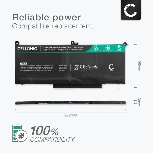 Battery for Dell Latitude 14 7490, 7480, Latitude 13 7390, 7380, Latitude 12 7290, 7000, E7480, F3YGT 7.4V 7200mAh from CELLONIC