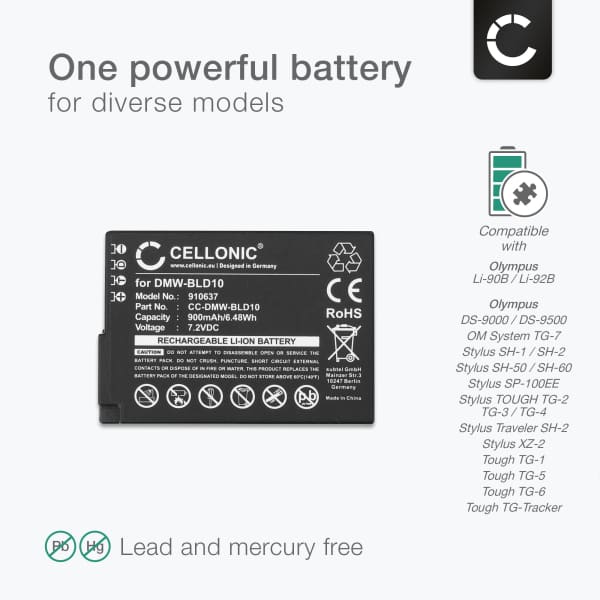 2x Battery for Panasonic Lumix DMC-GX1 Lumix DMC-G3 Lumix DMC-GF2 Lumix DMC-ZS7 Lumix DMC-TS2 DMW-BLD10 (900mAh, 7.2V) from CELLONIC