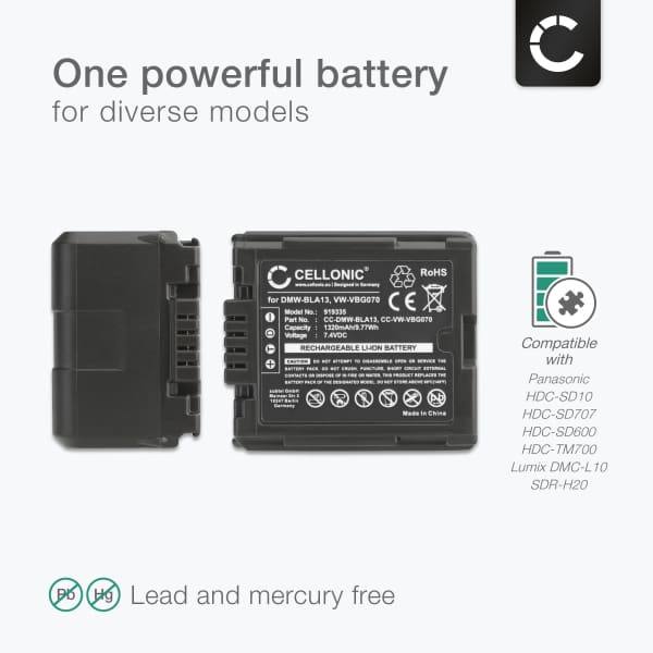 2x Battery for Panasonic HDC-SD100, HDC-SD10, -SD707, -SD600, HDC-TM700, Lumix DMC-L10 1320mAh from CELLONIC
