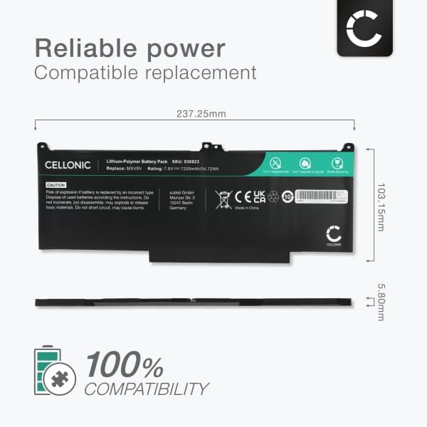 Battery for Dell Latitude 14 7400, 13 5300, 13 5310, 13 7300, MXV9V, N2K62, 5VC2M 7.6V 7200mAh from CELLONIC