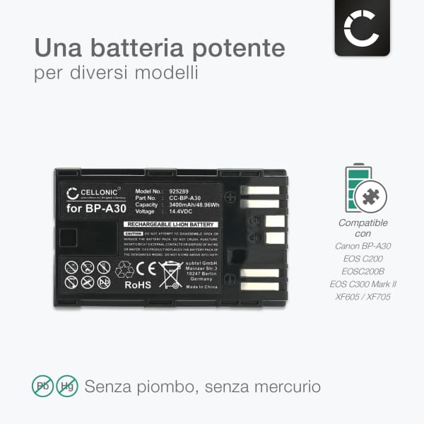 Batteria per Canon XF605, XF705, EOS C300 Mark II, Canon C200, CA-CP200L, C300 Mark II PL BP-A30 (3400mAh, 14.4V) marca CELLONIC