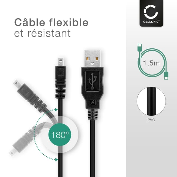 Câble 8 Pin Camera Mini USB B de 1.5m pour appareil photo Praktica Luxmedia 16-Z21S 16-Z12S, 14-Z51 14-04, 12-03 12-Z5, 18-Z36 transfert de données noir PVC