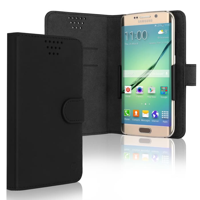 Funda de móvil para Smartphones (16.3cm x 8.5cm x 1cm), Funda libro de Cuero PU, Protector de móvil con cierre magnético y tarjetero de color negro, Shockproof Phone Case