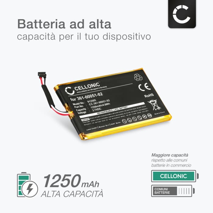 Batteria CELLONIC® 361-00051-02, 361-00051-12 per navigatore GPS Garmin Dezl 560LMT Dezl 560LT Dezl 650LM Nüvi 150LMT Nüvi 150T Nüvi 2505 Nüvi 2595LMT Affidabile ricambio 1250mAh + Set di strumento incluso giravite Torx T2