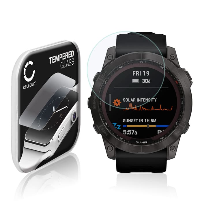 Vetrino protettivo 9H CELLONIC® per Garmin Fenix 7X, (2.5D Screen protector 0,30mm per smartwacht, braccialetto fitness Full Glue), colore Trasparente, pellicola salva-schermo di orologio smartwatch