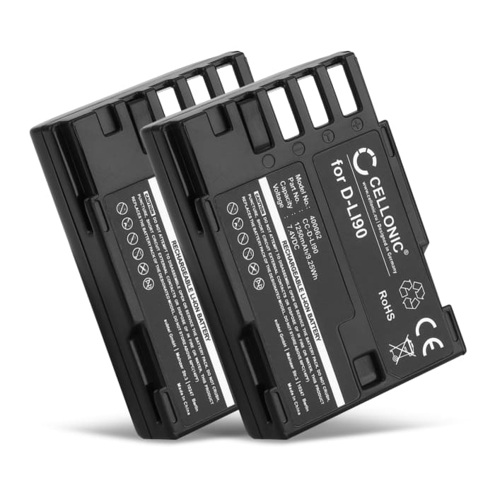 2x Batteria D-LI90 per fotocamera Pentax 645D 645Z K-01 K-1 II K-3 II K-5 K-5 II K-5 IIs K-7 Affidabile ricambio da 1250mAh, marca CELLONIC®