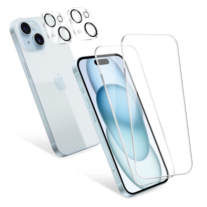 2x2 Vetri di protezioni per Apple iPhone 15 plus, 9H 0,33 mm, colla completa, protezione dello schermo e di fotocamera, materiale in vetro temperato 'screen protector' del display Apple, 'case-freindly'