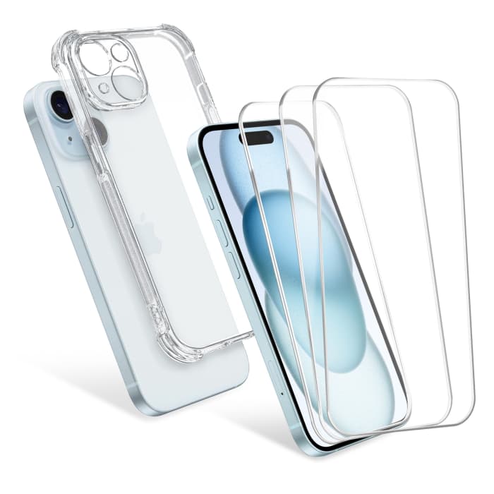 CELLONIC® iPhone 15 Hoesje & 3x Schermbeschermer Set - 6.1" Telefoon Rugdekking & Beschermende Display Beschermer 0.33mm Ultra Dun 9H Gehard Glas - Helder