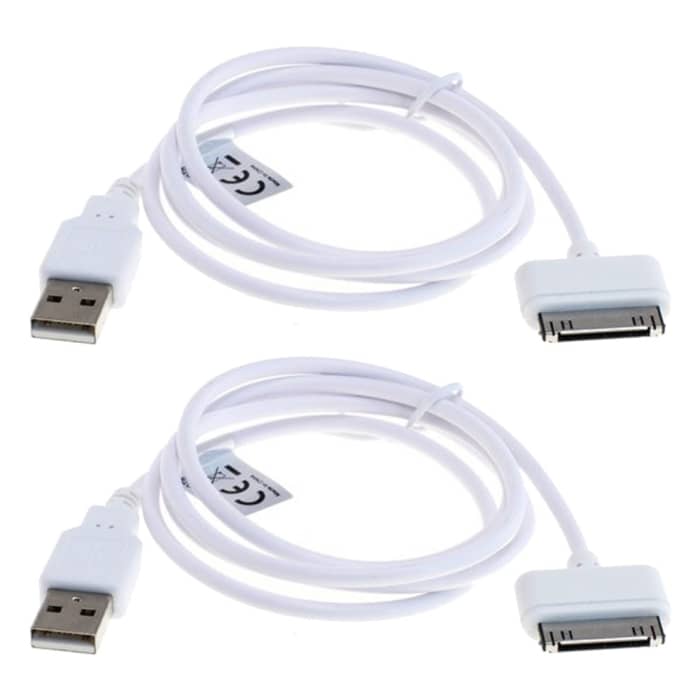 2x Cavo di ricarica con connettore 30 Pin Dock Connector per lettore MP3 MP4 Apple iPod Mini 1. & 2. Gen Nano 1. - 6. Gen Touch 1. - 4. Gen MA591G 1m cavetto USB in bianco