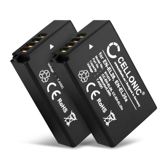 2x Batteria EN-EL20 EN-EL20a per fotocamera Nikon 1 AW1 1 J1 J2 J3 1 S1 1 V3 Coolpix A P1000 CoolPix P950 DL24-500 Affidabile ricambio da 800mAh, marca CELLONIC®