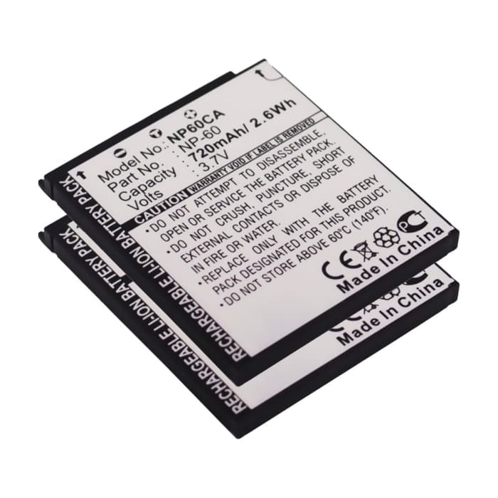 2x Bateria Casio NP-60 720mAh - NP-60, Batería recargable para camaras Casio Exilim EX-S10, -S12, EX-Z80, -Z85, EX-Z90, EX-FS10, EX-Z19, EX-Z20