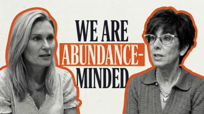 Two women in conversation on either side of the words “We are abundance-minded”