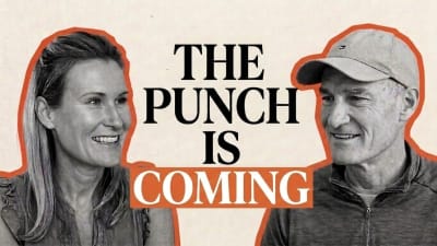 Podcast cover with a smiling woman and a man in a cap either side of the words "The punch is coming"