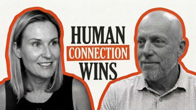 Two people facing each other in a black and white illustration beside the words “Human connection wins”