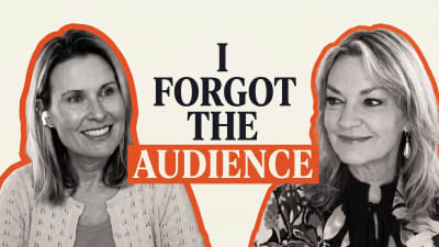 Episode 18 thumbnail with Shelley Woodrow: two women either side of the words "I forgot the audience"
