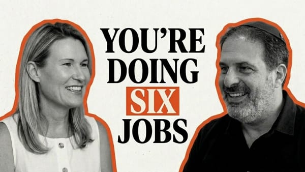 Two smiling people facing each other in a black and white illustration beside the words “You’re doing six jobs”