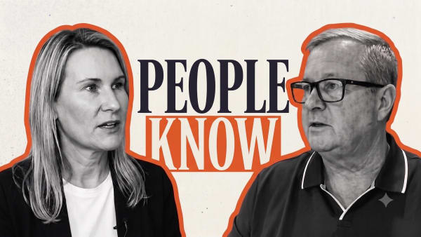 Illustrated header of a woman and a man in conversation, with the words “People know” between them