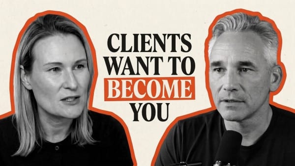Two people facing each other in a black and white illustration beside the words “Clients want to become you”