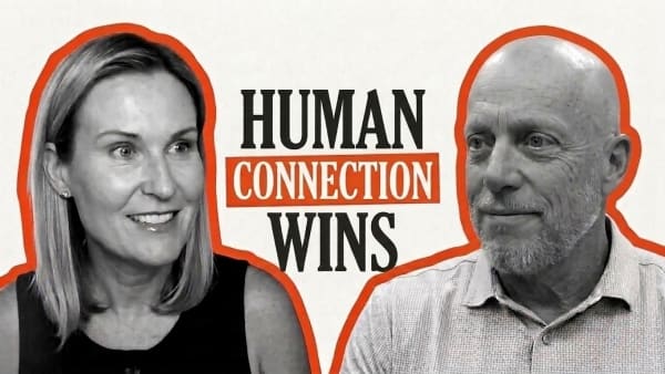Two people facing each other in a black and white illustration beside the words “Human connection wins”