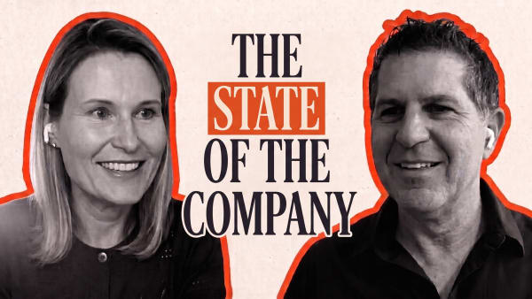 Black and white portraits of two speakers either side of the title "The State of the Company"