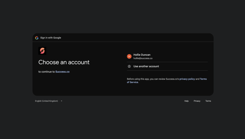 Google Sign in with Google screen asking to choose an account to continue to Success.co