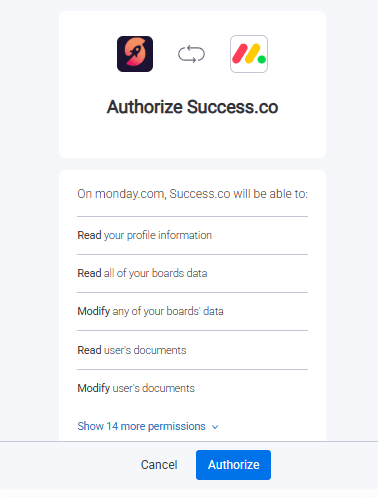 Monday.com Authorize Success.co screen listing requested permissions, with Cancel and Authorize buttons