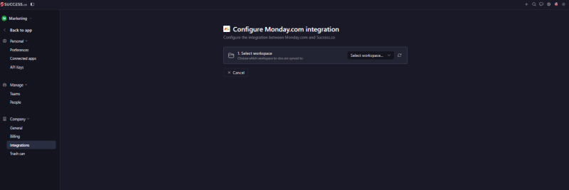 Success.co Configure Monday.com integration page with step 1, a Select workspace dropdown