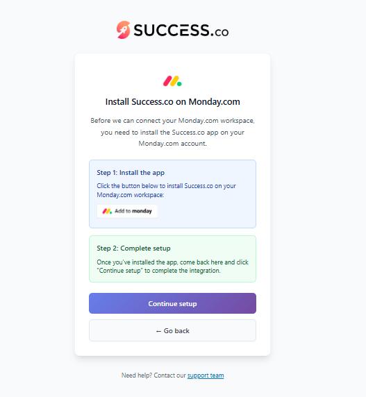 Install Success.co on Monday.com page with Step 1 Add to monday button and Step 2 Continue setup button