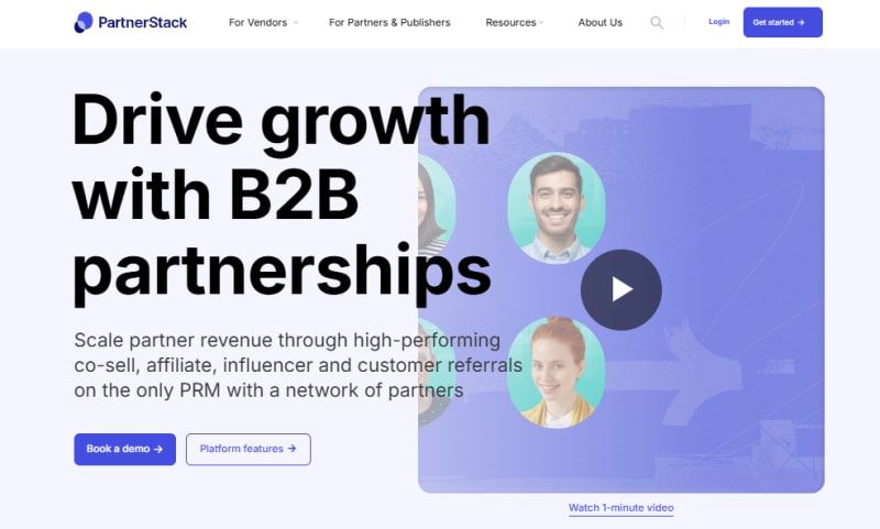 PartnerStack website homepage with the headline Drive growth with B2B partnerships and a Get started button in the top right