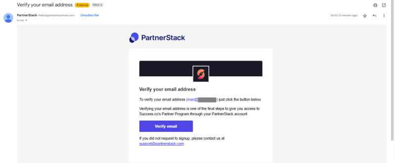 PartnerStack verification email with a Verify email button to confirm the address and access the Success.co Partner Program