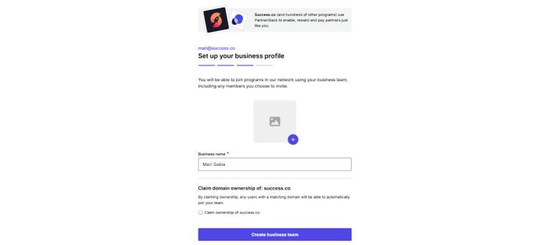 PartnerStack Set up your business profile page with a profile picture upload, business name field and Create business team button