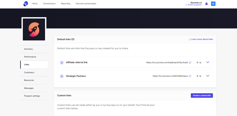 PartnerStack Links page showing the default affiliate referral link and Strategic Partners link, plus a Create a custom link button