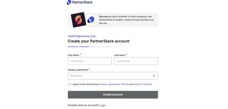PartnerStack Create your account form with first name, last name, password, an agreement checkbox and a Create account button