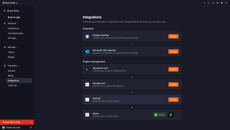 Success.co Integrations page with Asana showing a green Ready status and a settings button