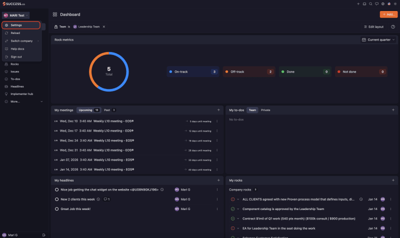 Success.co Dashboard with the company menu open in the top left and Settings highlighted