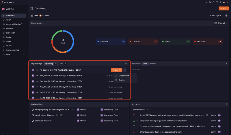 Dashboard with the My meetings section highlighted, showing upcoming L10 meetings, a Join button and a three dots menu with Edit schedule and Delete