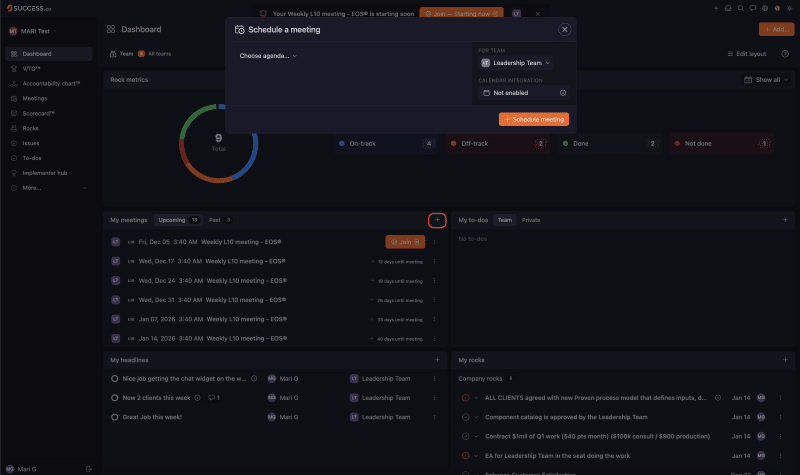 Dashboard with the + button on My meetings highlighted and the Schedule a meeting dialog open