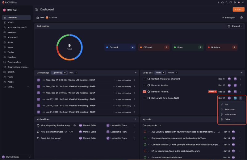 Dashboard My to-dos section with the three dots menu highlighted, showing Edit, Raise issue, Make a copy and Delete options